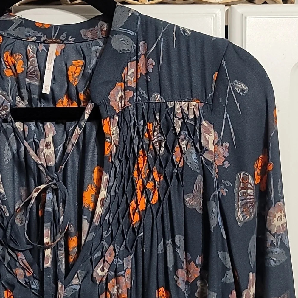 Free People Pebble Crepe Tunic Womens XS Multi Floral Oversized Smocked Boho Top - Picture 4 of 12